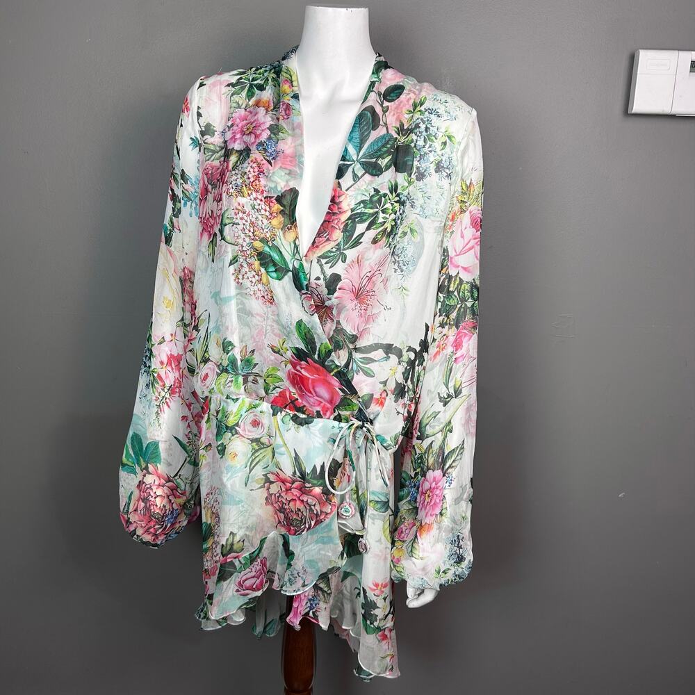 Rococo Sand wrap mini dress large Isa floral blouson Resort Glam‎ Ibiza